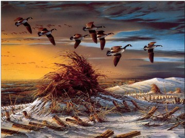 Vögel Migration im Sonnenuntergang Winter Schnee Ölgemälde